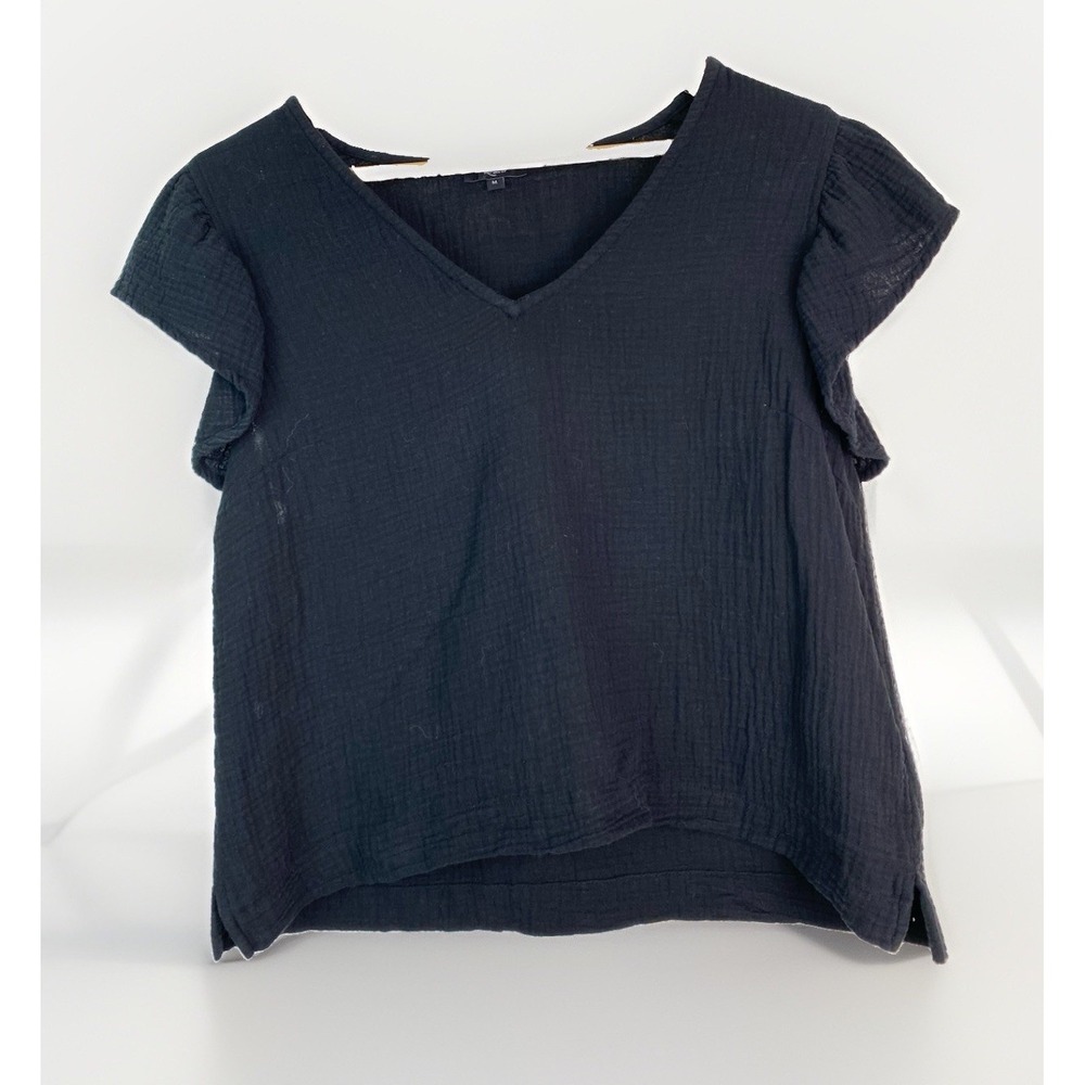 Rails Lela Women's M Black Gauze 100% Organic Cotton V-Neck Flutter Sleeve Top